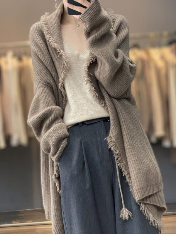 2025년 신상품 100% 순모 카디건 여성용 미디엄 롱 루즈 캐주얼 캐시미어 니트 바텀 코트 스웨터