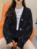 시원하고 세련된 두꺼운 스웨터 카디건 여성용 V넥 스팽글 헤비듀티 올매치 니트 스웨터 이너 코트 봄 가을 겨울
