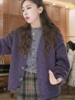 디자인 감각이 뛰어나고 캐주얼하면서도 활용도가 높은 싱글 브레스트 니트 가디건, 겨울 한국 스타일 레이지 스타일 슬림 울 스웨터 재킷 탑 - 이미지 4