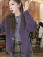 디자인 감각이 뛰어나고 캐주얼하면서도 활용도가 높은 싱글 브레스트 니트 가디건, 겨울 한국 스타일 레이지 스타일 슬림 울 스웨터 재킷 탑 - 이미지 5