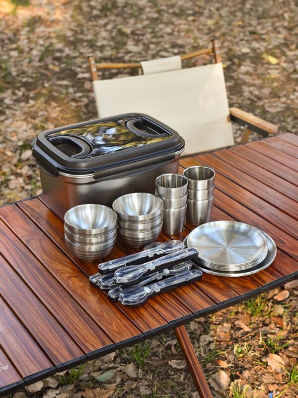 LTHW Travel Teng 야외 식기 휴대용 세트 캠핑용품 장비 피크닉 그릇, 접시, 컵, 젓가락 및 숟가락 304 스테인리스 스틸