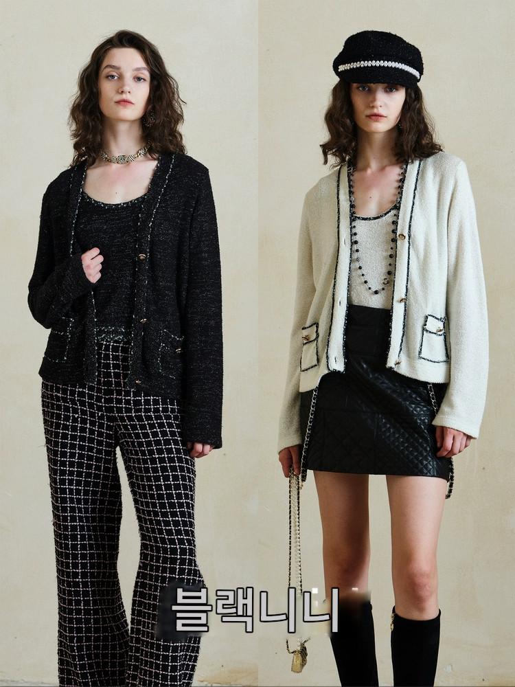 main_772436719902_0 블랙니니/파인 쉬머 V넥 니트 가디건 재킷 탑 블랙 앤 화이트 캐미솔 스몰 샤넬 스타일 슈트 미우 시리즈 - 이미지 1