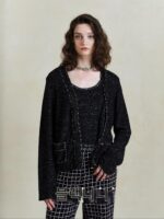 블랙니니/파인 쉬머 V넥 니트 가디건 재킷 탑 블랙 앤 화이트 캐미솔 스몰 샤넬 스타일 슈트 미우 시리즈 - 이미지 2