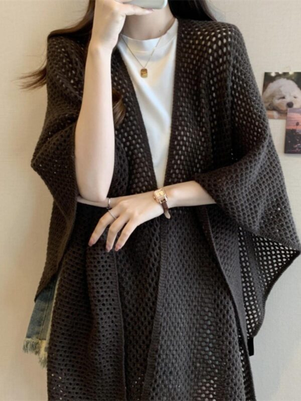 중공 니트 스웨터 케이프 숄 코트 여성 가을 ​​신상품 대형 팻 mm 롱 스카프 케이프 아우터웨어 카디건