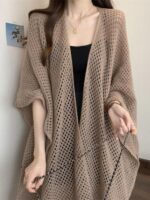 중공 니트 스웨터 케이프 숄 코트 여성 가을 ​​신상품 대형 팻 mm 롱 스카프 케이프 아우터웨어 카디건 - 이미지 2