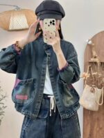 2025 봄 패션 컬러블록 데님 탑 루즈 다용도 레트로 디스트레스드 라지 포켓 캐주얼 데님 재킷