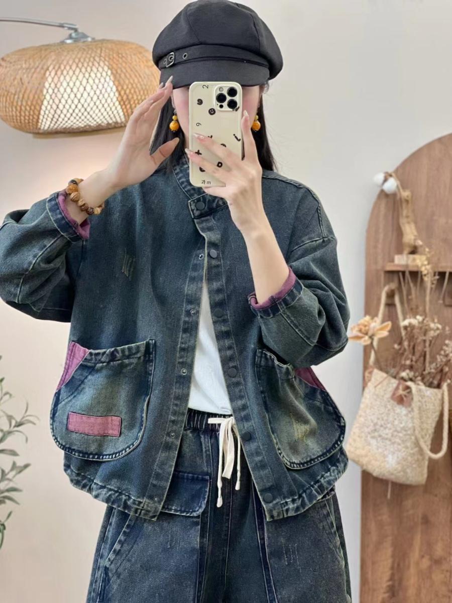 main_774033991843_0 2025 봄 패션 컬러블록 데님 탑 루즈 다용도 레트로 디스트레스드 라지 포켓 캐주얼 데님 재킷 - 이미지 1