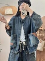 2025 봄 패션 컬러블록 데님 탑 루즈 다용도 레트로 디스트레스드 라지 포켓 캐주얼 데님 재킷 - 이미지 2