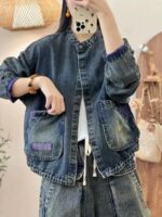 2025 봄 패션 컬러블록 데님 탑 루즈 다용도 레트로 디스트레스드 라지 포켓 캐주얼 데님 재킷 - 이미지 3