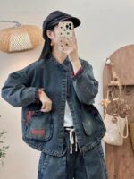 2025 봄 패션 컬러블록 데님 탑 루즈 다용도 레트로 디스트레스드 라지 포켓 캐주얼 데님 재킷 - 이미지 5