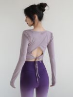 여성 요가 의류 상의 2024년 여름 신스타일 레이스업 긴팔 스포츠 블라우스 러닝 트레이닝 필라테스 피트니스 의류 - 이미지 5