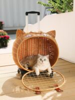 라탄 고양이 카트 트롤리 고양이 가방 휴대용 통기성 고양이 케이지 외출 상자 대형 공간 반려동물 유모차 - 이미지 4