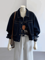 여성용 다크 블루 레트로 작업복 데님 재킷 봄 가을 캐주얼 포켓 디자인 소형 숏 재킷 탑
