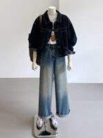 여성용 다크 블루 레트로 작업복 데님 재킷 봄 가을 캐주얼 포켓 디자인 소형 숏 재킷 탑 - 이미지 2