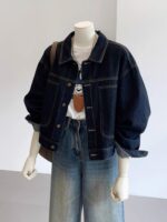 여성용 다크 블루 레트로 작업복 데님 재킷 봄 가을 캐주얼 포켓 디자인 소형 숏 재킷 탑 - 이미지 3