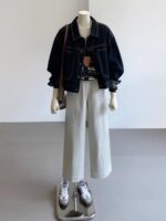 여성용 다크 블루 레트로 작업복 데님 재킷 봄 가을 캐주얼 포켓 디자인 소형 숏 재킷 탑 - 이미지 4