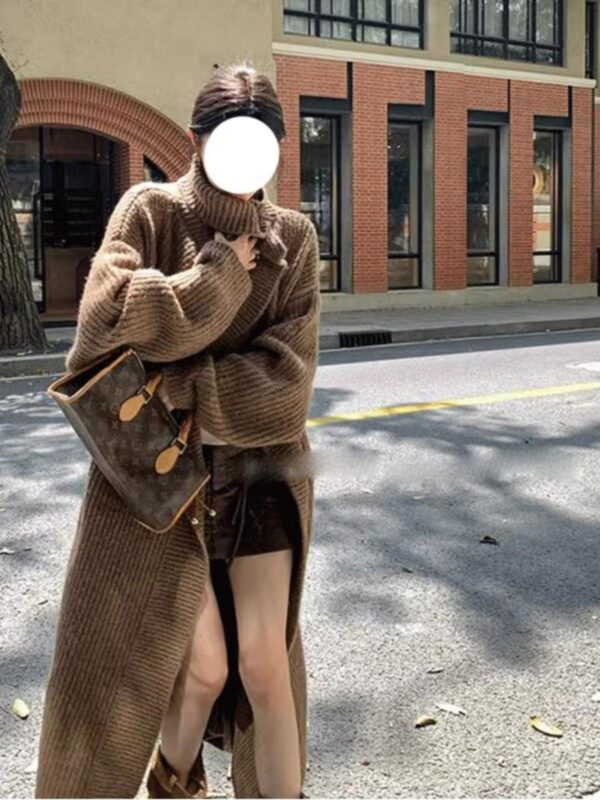 레이지 라지 라펠 미디 길이 울 니트 가디건 여성 두꺼워진 가을 겨울 신상품 하이 칼라 루즈 코트