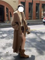 레이지 라지 라펠 미디 길이 울 니트 가디건 여성 두꺼워진 가을 겨울 신상품 하이 칼라 루즈 코트 - 이미지 2