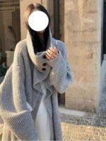 레이지 라지 라펠 미디 길이 울 니트 가디건 여성 두꺼워진 가을 겨울 신상품 하이 칼라 루즈 코트 - 이미지 3