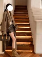 레이지 라지 라펠 미디 길이 울 니트 가디건 여성 두꺼워진 가을 겨울 신상품 하이 칼라 루즈 코트 - 이미지 5