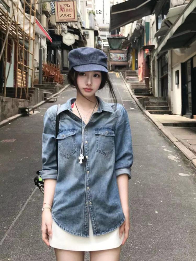 main_869723185077_0 클리어런스 세일~여성용 유럽 빈티지 블루 데님 셔츠 재킷, 봄, 가을 기질, 스트레이트 숄더 아우터웨어, 긴팔 탑 - 이미지 1