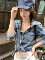 클리어런스 세일~여성용 유럽 빈티지 블루 데님 셔츠 재킷, 봄, 가을 기질, 스트레이트 숄더 아우터웨어, 긴팔 탑 - 이미지 2