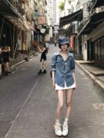 클리어런스 세일~여성용 유럽 빈티지 블루 데님 셔츠 재킷, 봄, 가을 기질, 스트레이트 숄더 아우터웨어, 긴팔 탑 - 이미지 3