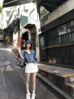 클리어런스 세일~여성용 유럽 빈티지 블루 데님 셔츠 재킷, 봄, 가을 기질, 스트레이트 숄더 아우터웨어, 긴팔 탑 - 이미지 4