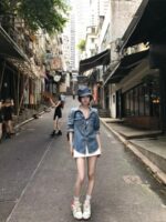 클리어런스 세일~여성용 유럽 빈티지 블루 데님 셔츠 재킷, 봄, 가을 기질, 스트레이트 숄더 아우터웨어, 긴팔 탑 - 이미지 5