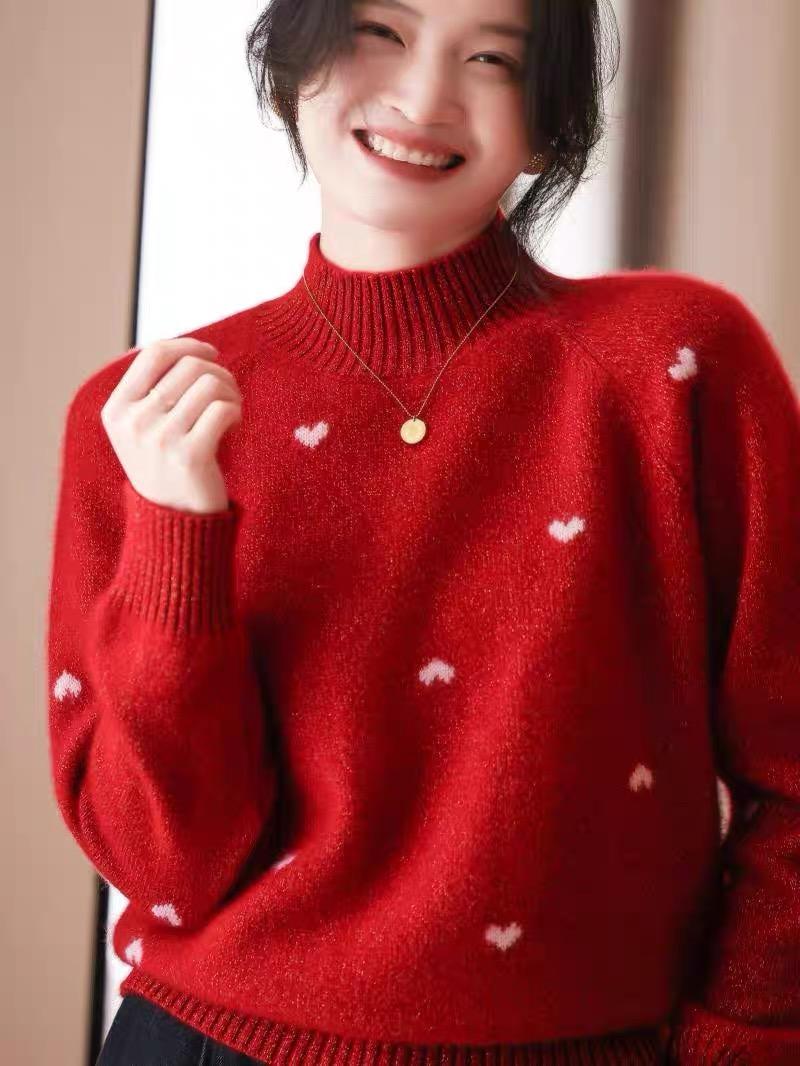main_874567173548_0 새해 크리스마스 레드 레이지 스타일 가을 겨울 캐주얼 밝은 실크 러브 울 캐시미어 하프 터틀넥 니트 스웨터 여성 - 이미지 1