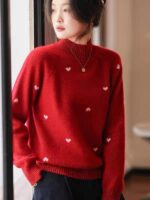 새해 크리스마스 레드 레이지 스타일 가을 겨울 캐주얼 밝은 실크 러브 울 캐시미어 하프 터틀넥 니트 스웨터 여성 - 이미지 2