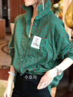 가을 신상품 대형 라벨 플레드 셔츠 여성 유행 느슨한 서양 스타일 녹색 탑 캐주얼 긴팔 셔츠