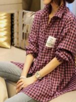 가을 신상품 대형 라벨 플레드 셔츠 여성 유행 느슨한 서양 스타일 녹색 탑 캐주얼 긴팔 셔츠 - 이미지 2