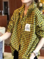 가을 신상품 대형 라벨 플레드 셔츠 여성 유행 느슨한 서양 스타일 녹색 탑 캐주얼 긴팔 셔츠 - 이미지 3