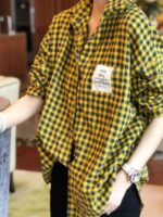 가을 신상품 대형 라벨 플레드 셔츠 여성 유행 느슨한 서양 스타일 녹색 탑 캐주얼 긴팔 셔츠 - 이미지 5