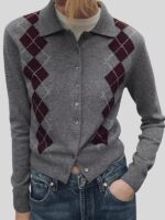 춘원 소량 봄 MD 여성 울 카디건 니트 스웨터 짧은 다이아몬드 패턴 영국 대학 스타일 폴로 셔츠 - 이미지 3