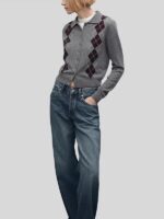 춘원 소량 봄 MD 여성 울 카디건 니트 스웨터 짧은 다이아몬드 패턴 영국 대학 스타일 폴로 셔츠 - 이미지 4