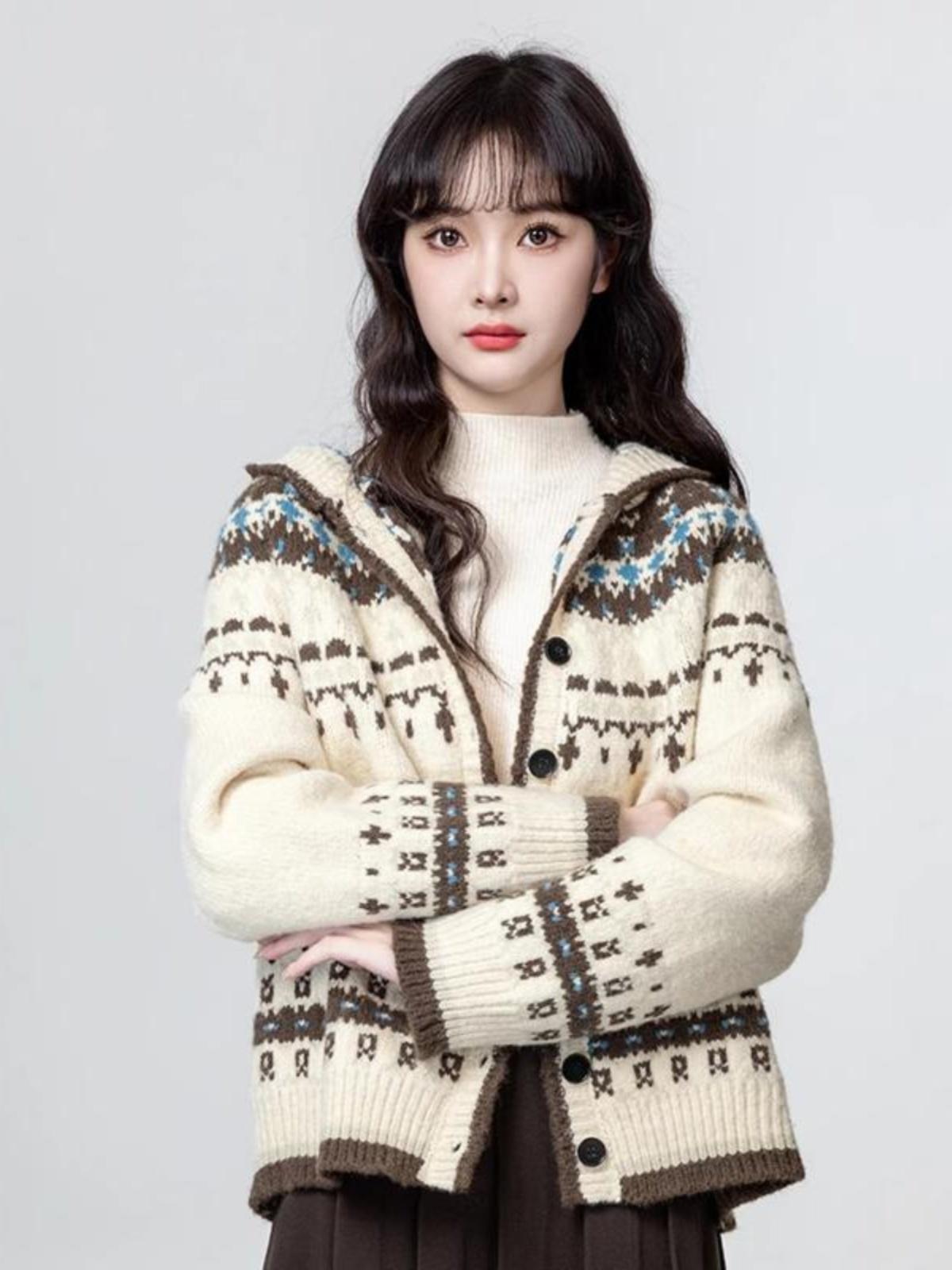 main_884959052791_0 페어아일 두꺼운 후드 스웨터 재킷 여성 2025 봄/가을 신상품 레트로 루즈 레이지 니트 카디건 탑 - 이미지 1