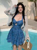 2025년 신작 살짝 뚱뚱한 여자 큰 사이즈 뚱뚱 mm 수영복 여자 원피스 스커트 스타일 슬리밍 배 가리기 온천 휴가 수영복 - 이미지 4