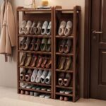 현관, 주택 입구, 실내 심플한 다층 신발장, 좁은 모서리의 소형 아파트 현관 신발 보관 선반용 견고한 원목 신발장