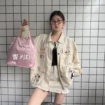 카카미 13라인 여름 한국 스타일 니치 디자인 만화 문자 대비 컬러 루즈 데님 재킷 S5512