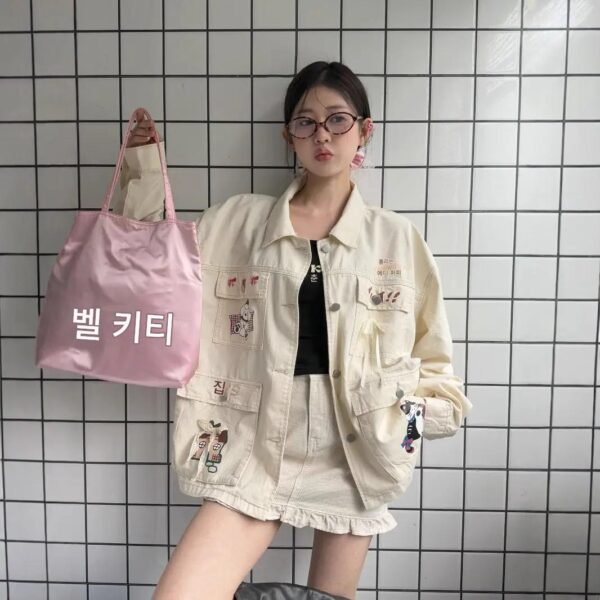 카카미 13라인 여름 한국 스타일 니치 디자인 만화 문자 대비 컬러 루즈 데님 재킷 S5512