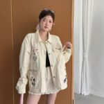 카카미 13라인 여름 한국 스타일 니치 디자인 만화 문자 대비 컬러 루즈 데님 재킷 S5512 - 이미지 4