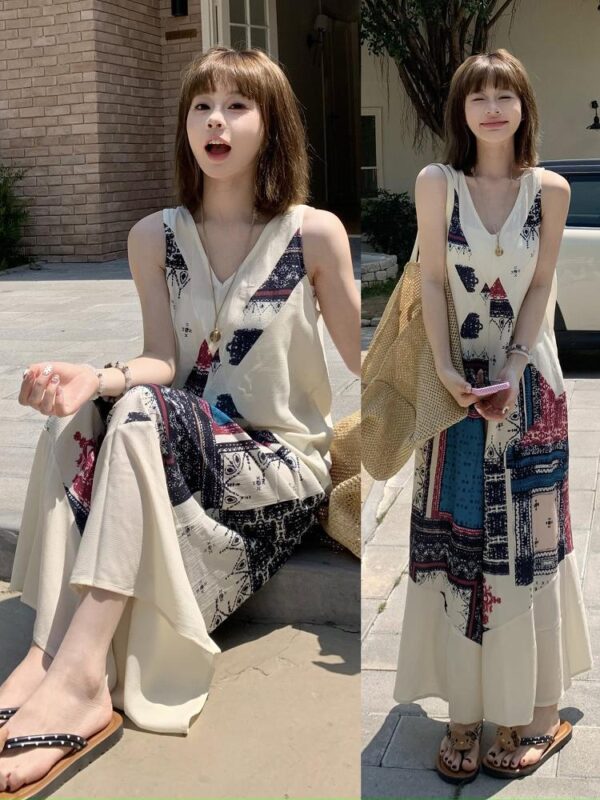 MZ 오리지널/레트로 프린트 기질 V넥 슬리브리스 조끼 점프수트 여성 여름 시원한 아일랜드 스타일 점프수트 와이드 레그 팬츠