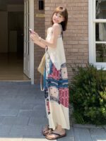 MZ 오리지널/레트로 프린트 기질 V넥 슬리브리스 조끼 점프수트 여성 여름 시원한 아일랜드 스타일 점프수트 와이드 레그 팬츠 - 이미지 2