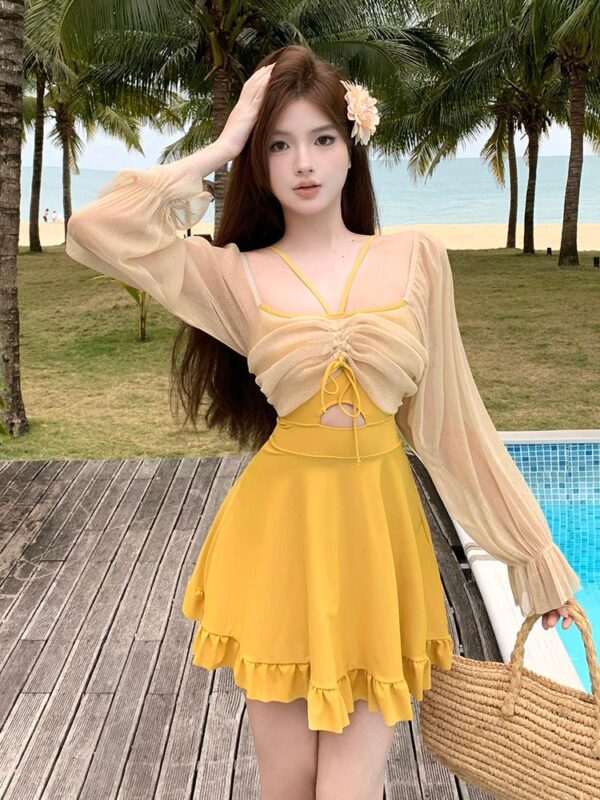 수영복 여성 2025년 여름 신상품 고급 원피스 드레스 스타일 배를 가리고 날씬한 보수적인 학생을 보여주는 아름다운 해변 휴가 스타일