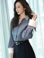 한쉐 스타 동일 스타일 스티칭 콘트라스트 스트라이프 셔츠 여성 고급 디자인 틈새 출퇴근 긴팔 카디건 셔츠