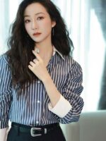 한쉐 스타 동일 스타일 스티칭 콘트라스트 스트라이프 셔츠 여성 고급 디자인 틈새 출퇴근 긴팔 카디건 셔츠 - 이미지 2