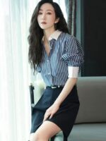 한쉐 스타 동일 스타일 스티칭 콘트라스트 스트라이프 셔츠 여성 고급 디자인 틈새 출퇴근 긴팔 카디건 셔츠 - 이미지 5