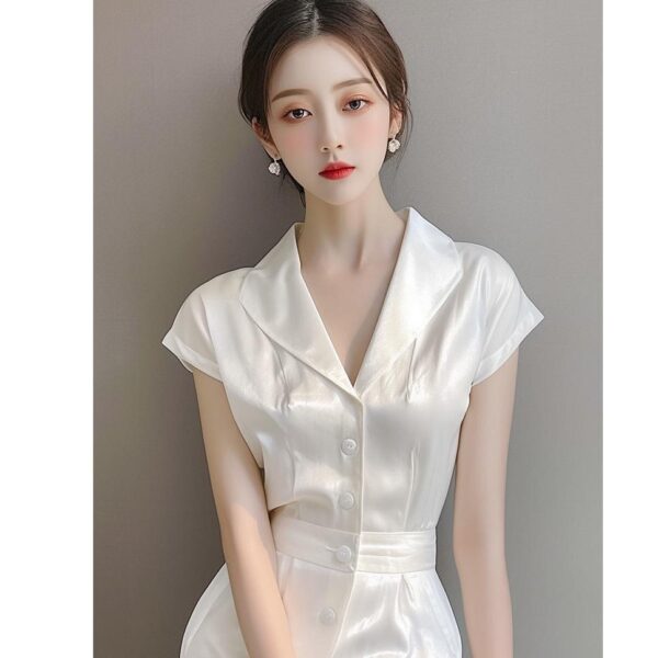 2025년 여름 유럽 고급 화이트 새틴 점프수트, 몸에 꼭 맞는 작은 체형의 원피스 하이웨이스트 점프수트